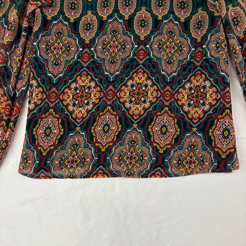Loft M Petite Colorful Geometric Medallion Split Neck Blouse Boho Career Ruffle